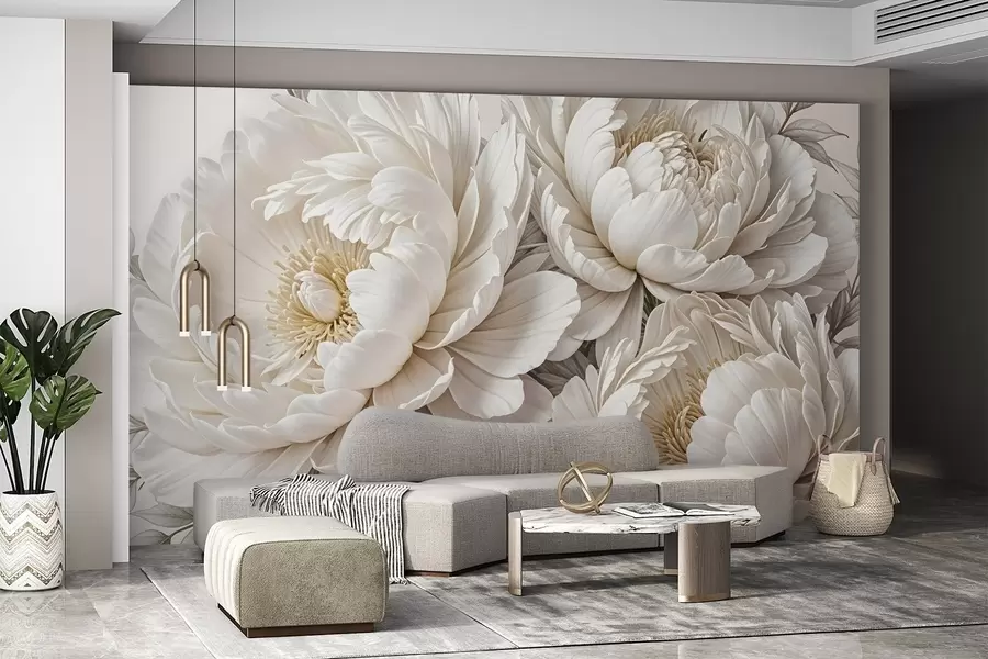 murales Delicadas peonías blancas pastel con exuberante follaje sobre un fondo suave y neutro w08420