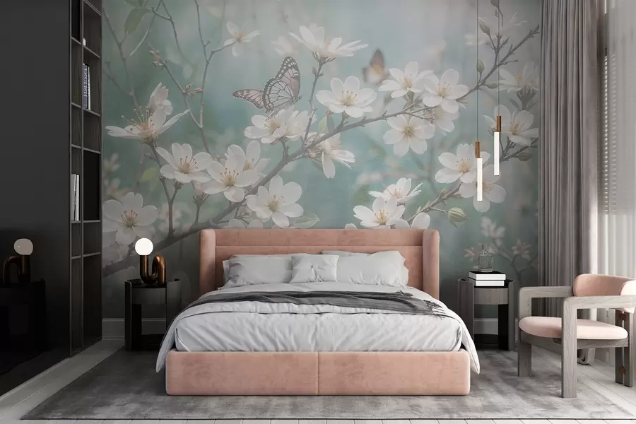 murales Una mariposa blanca sobre una rama con delicadas flores blancas de cerezo en primer plano sobre un fondo difuminado w08421