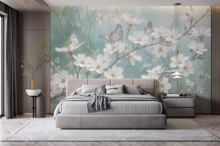 Wall Mural Photo Wallpaper A white butterfly on a branch with delicate white cherry blossoms in the foreground against a blurred background w08421