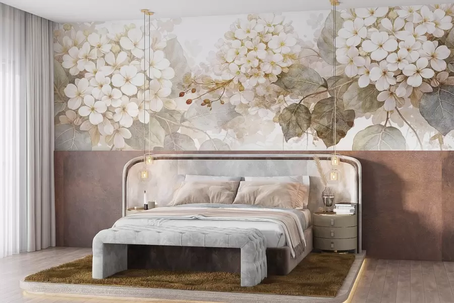 peintures murales Délicates fleurs d'hortensia blanches avec des feuilles vertes douces sur un fond clair w08422