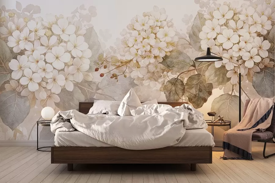 Wall Mural Photo Wallpaper Delicate white hydrangea flowers with soft green leaves against a light background w08422