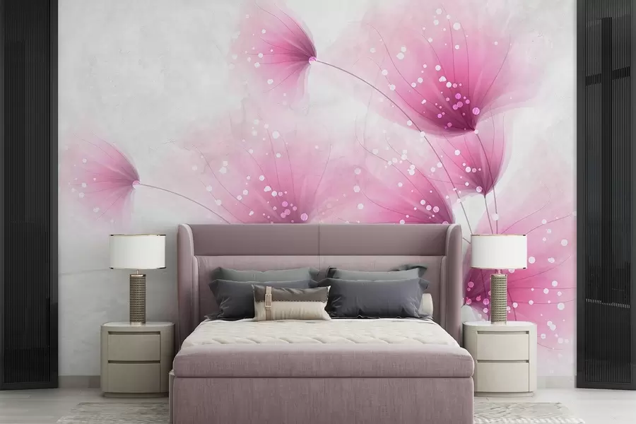 murais de parede Flores cor-de-rosa suaves com fundo cinzento claro textural desfocado e luzes cintilantes w08423