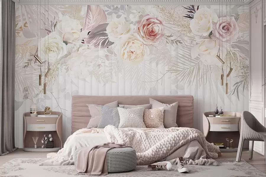 murales Arreglo floral con rosas rosas y blancas, hojas de palmera y otros follajes tropicales sobre fondo blanco w08425