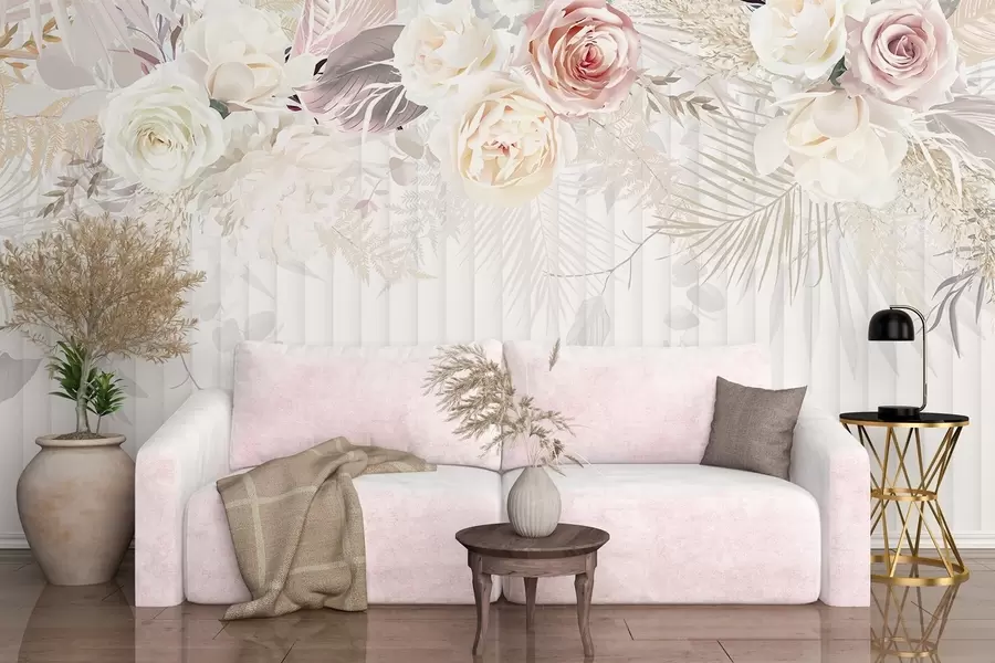 Wall Mural Photo Wallpaper A floral arrangement with pink and white roses, palm leaves, and other tropical foliage against a white background w08425