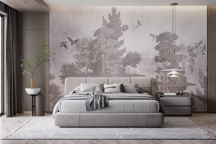 Wall Mural Photo Wallpaper A forest landscape print with a lake surrounded by pine trees and other foliage on a textural beige background w08426