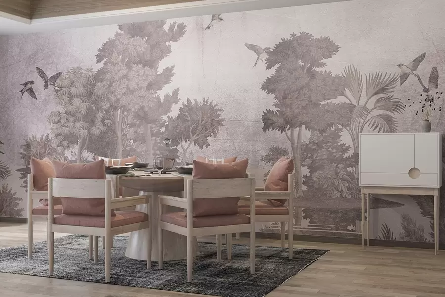 Wall Mural Photo Wallpaper A forest landscape print with a lake surrounded by pine trees and other foliage on a textural beige background w08426