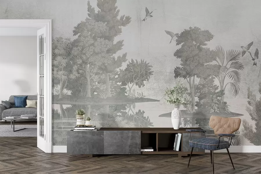 Wall Mural Photo Wallpaper A forest landscape print with a lake surrounded by pine trees and other foliage on a textural green background w08426v1