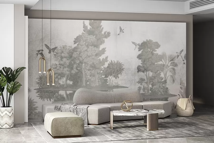 Wall Mural Photo Wallpaper A forest landscape print with a lake surrounded by pine trees and other foliage on a textural green background w08426v1