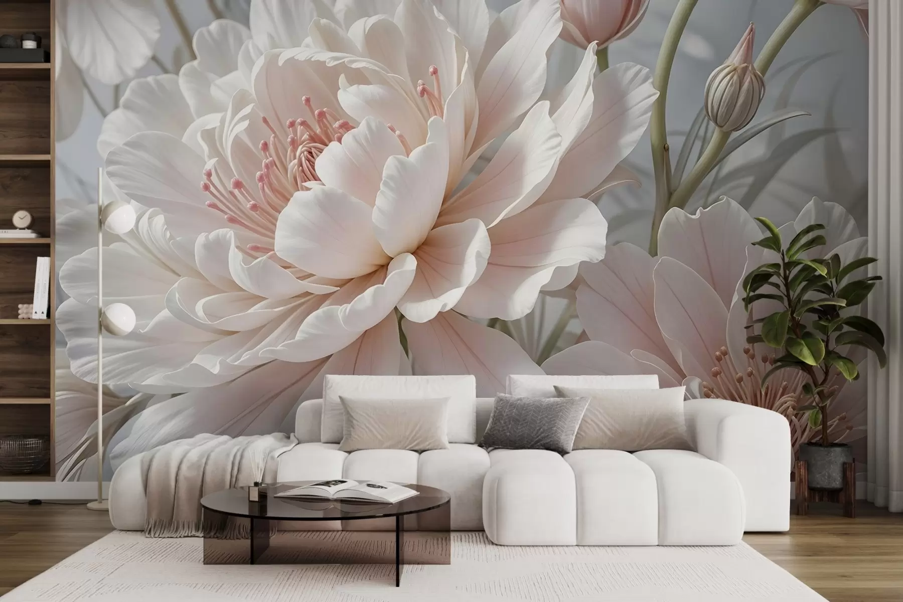 murais de parede Grandes e delicadas flores de peónia brancas e cor-de-rosa com pétalas macias e fofas sobre um fundo cinzento esbatido w08427
