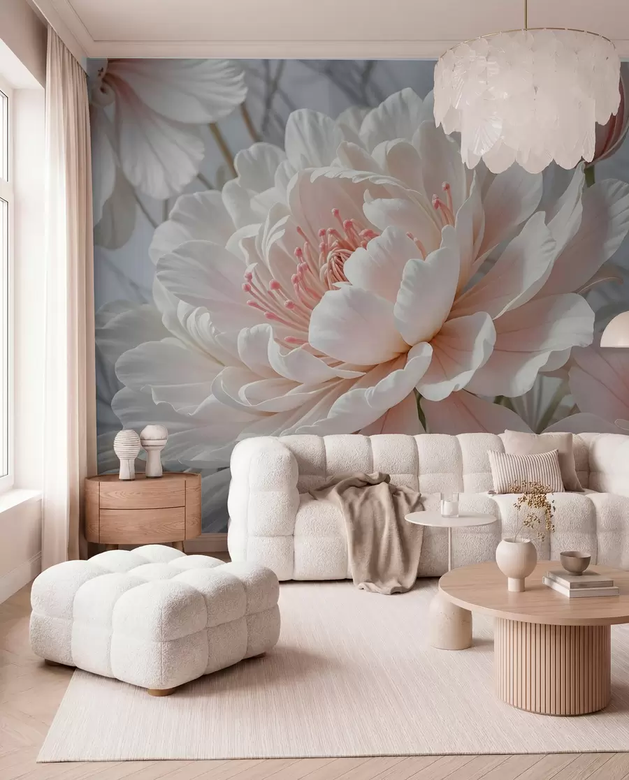 Wall Mural Photo Wallpaper Large, delicate white and pink peony flowers with soft, fluffy petals against a blurred gray background w08427