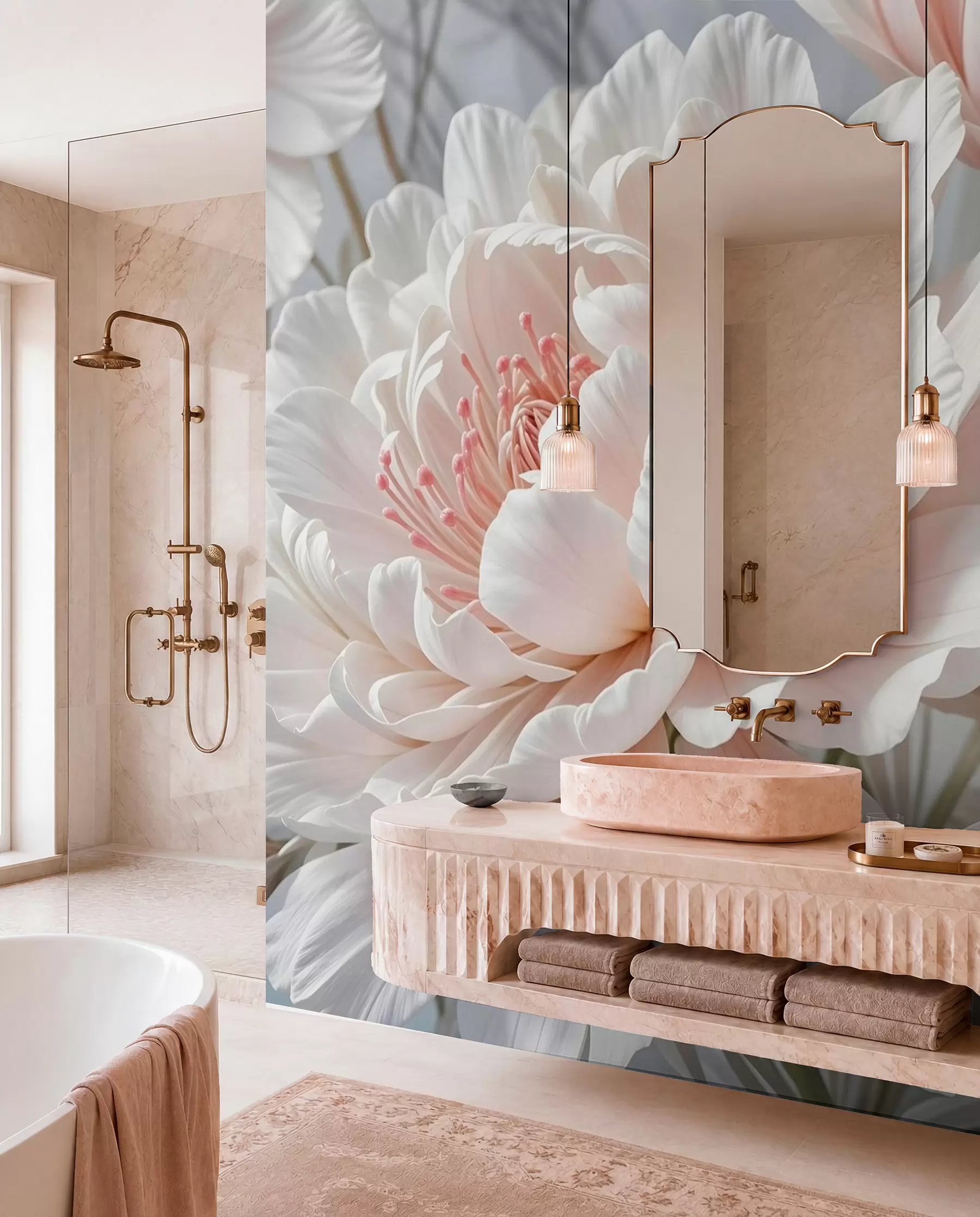murales Grandes y delicadas flores de peonía blancas y rosas con pétalos suaves y esponjosos sobre un fondo gris difuminado w08427