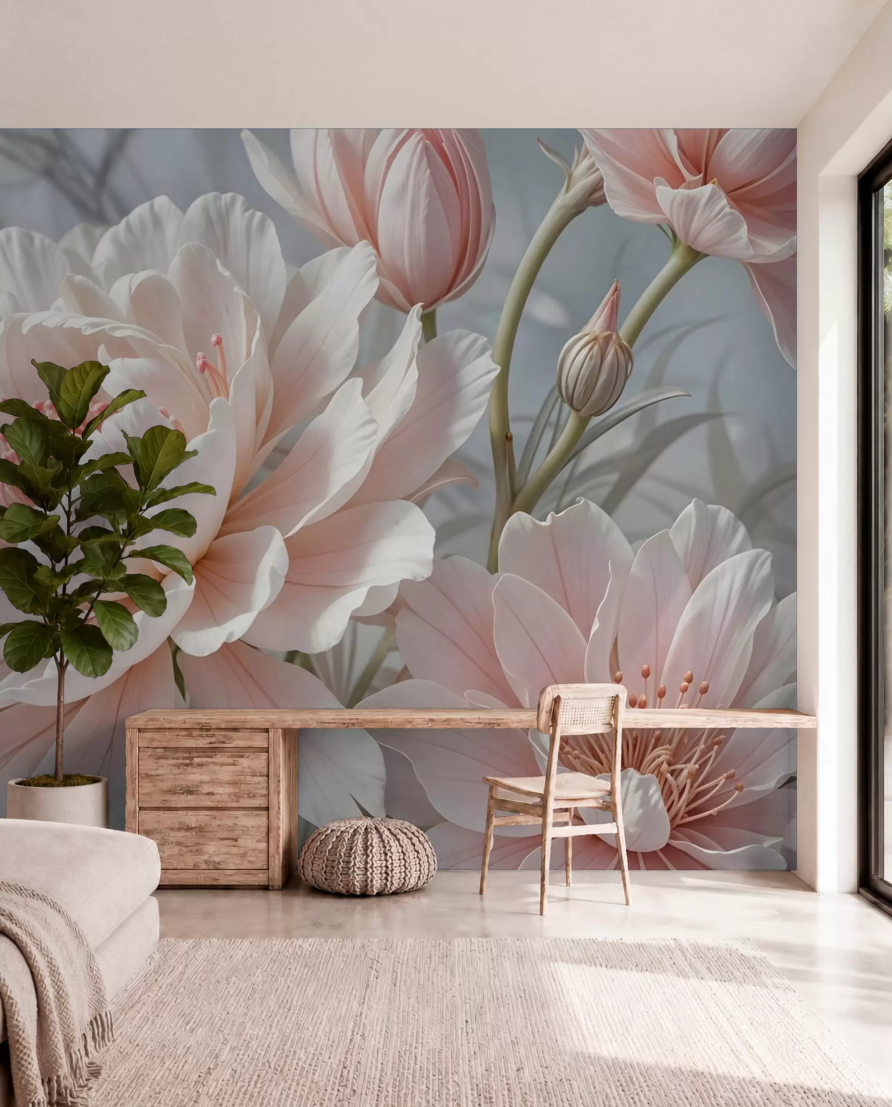 wall murals Large, delicate white and pink peony flowers with soft, fluffy petals against a blurred gray background w08427