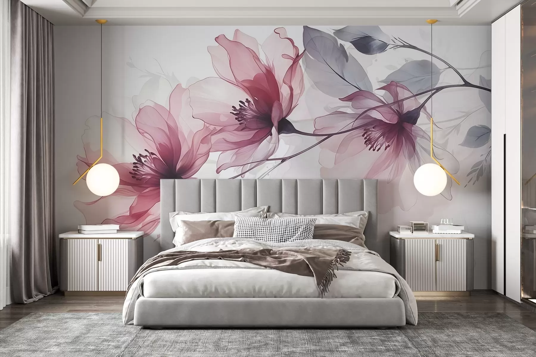Wall Mural Photo Wallpaper Delicate transparent pink and gray flowers with soft, blurred petals on white background w08429