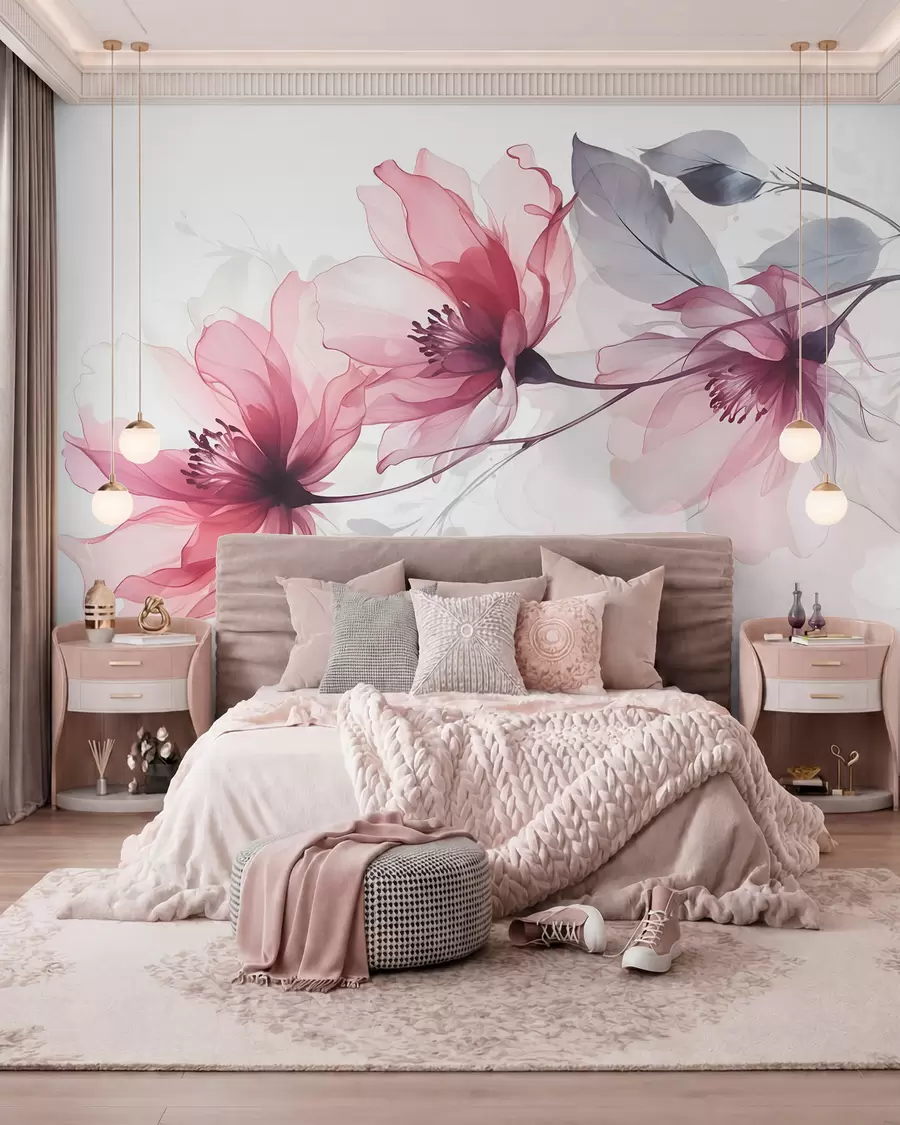 peintures murales Délicates fleurs transparentes roses et grises aux pétales doux et flous sur fond blanc w08429