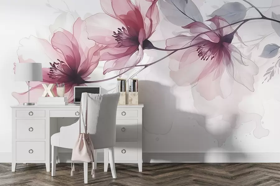 Wall Mural Photo Wallpaper Delicate transparent pink and gray flowers with soft, blurred petals on white background w08429
