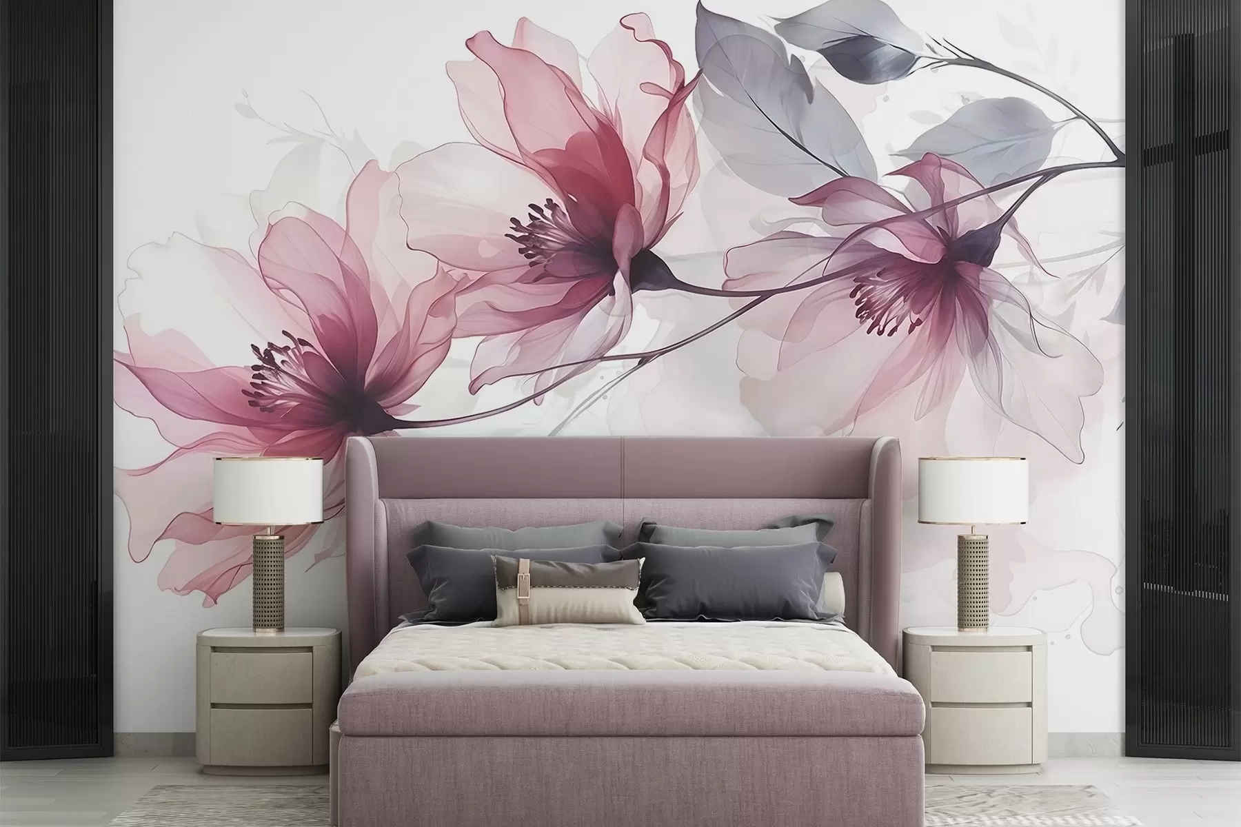 Wall Mural Photo Wallpaper Delicate transparent pink and gray flowers with soft, blurred petals on white background w08429