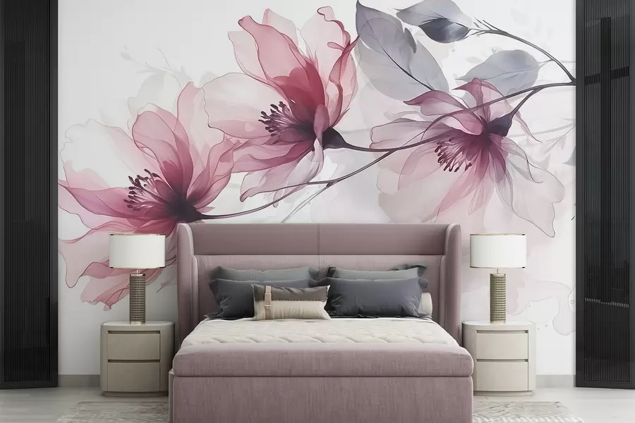 Wall Mural Photo Wallpaper Delicate transparent pink and gray flowers with soft, blurred petals on white background w08429