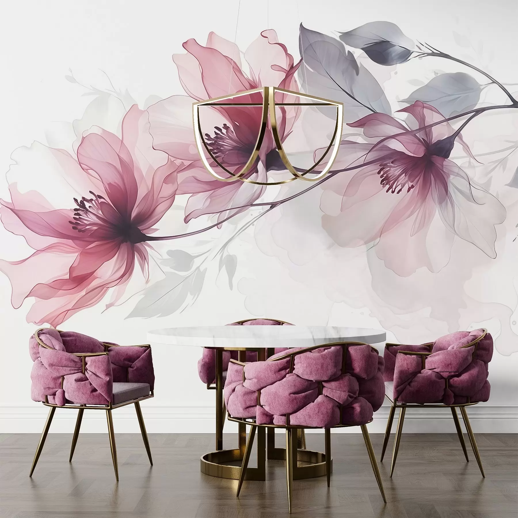 Wall Mural Photo Wallpaper Delicate transparent pink and gray flowers with soft, blurred petals on white background w08429