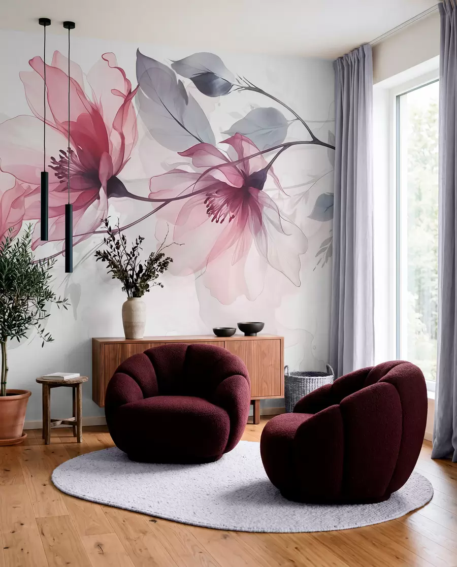 Wall Mural Photo Wallpaper Delicate transparent pink and gray flowers with soft, blurred petals on white background w08429