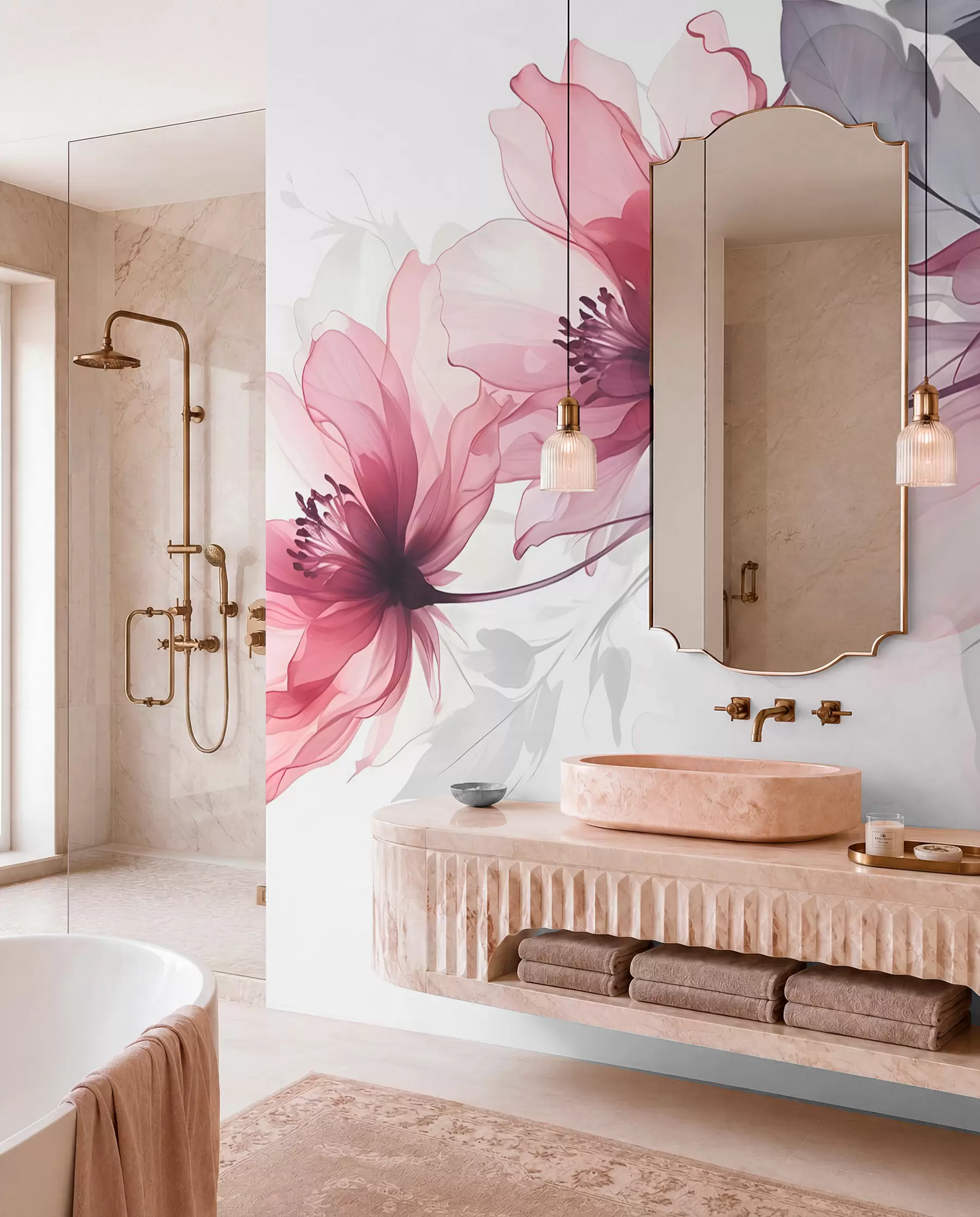wall murals Delicate transparent pink and gray flowers with soft, blurred petals on white background w08429