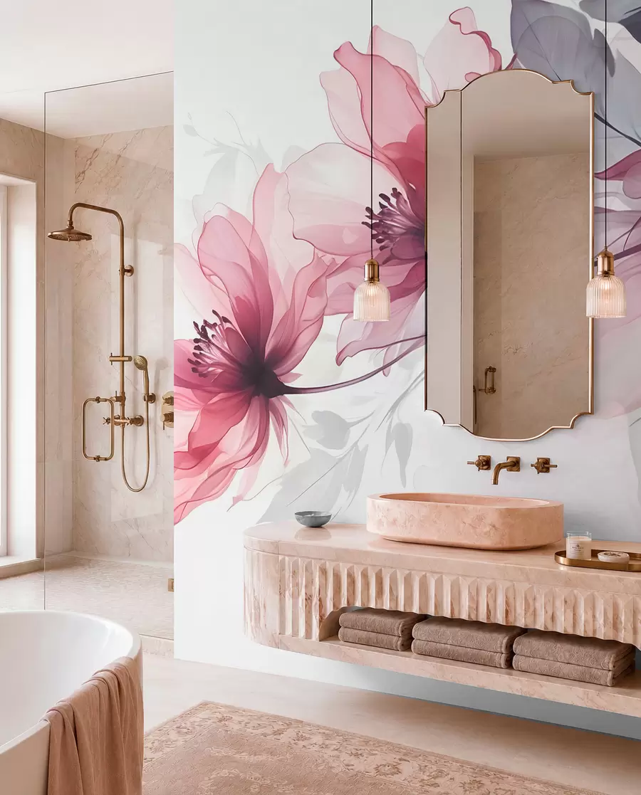 wall murals Delicate transparent pink and gray flowers with soft, blurred petals on white background w08429