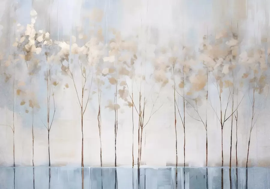 wall murals Bare trees in abstract pastel blurred winter minimalistic landscape with a soft, hazy background w08430