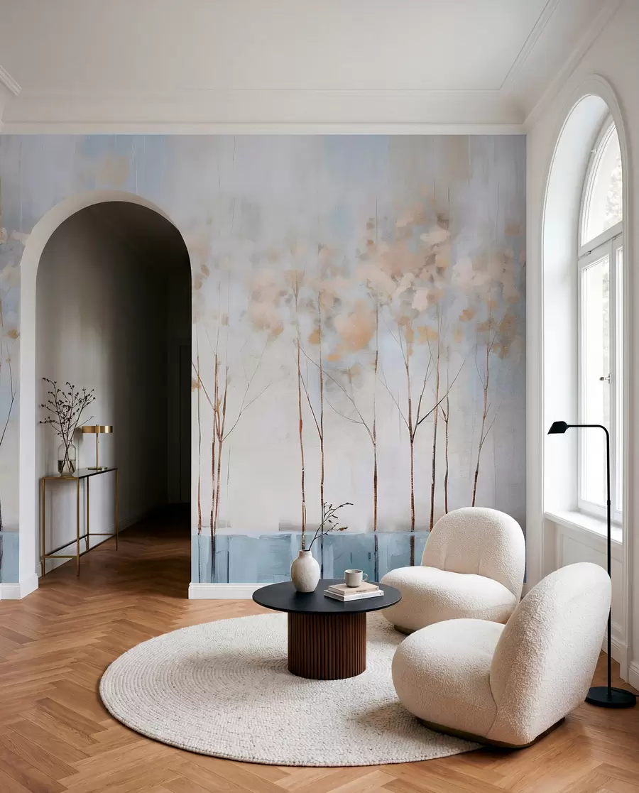 Wall Mural Photo Wallpaper Bare trees in abstract pastel blurred winter minimalistic landscape with a soft, hazy background w08430