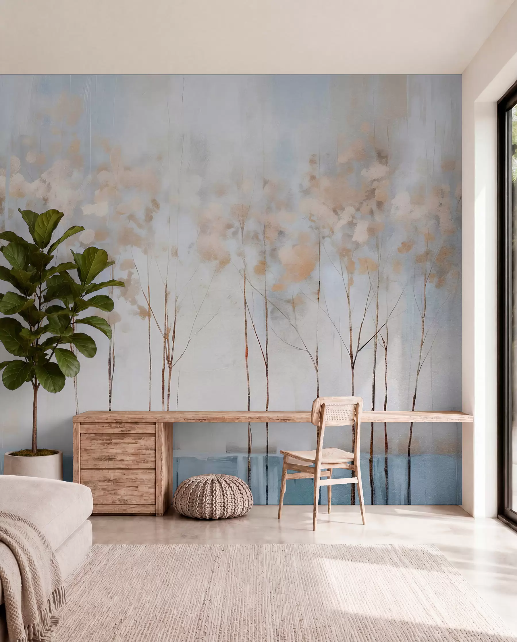 wall murals Bare trees in abstract pastel blurred winter minimalistic landscape with a soft, hazy background w08430