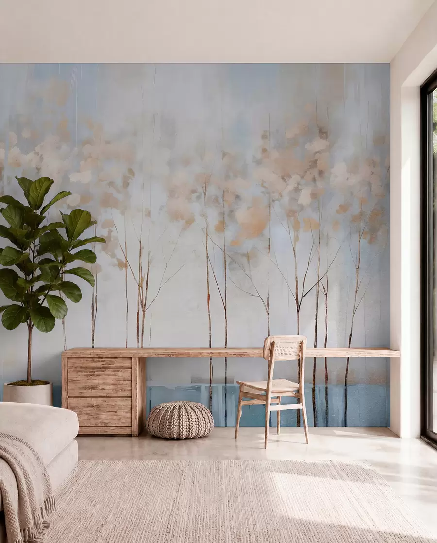 wall murals Bare trees in abstract pastel blurred winter minimalistic landscape with a soft, hazy background w08430