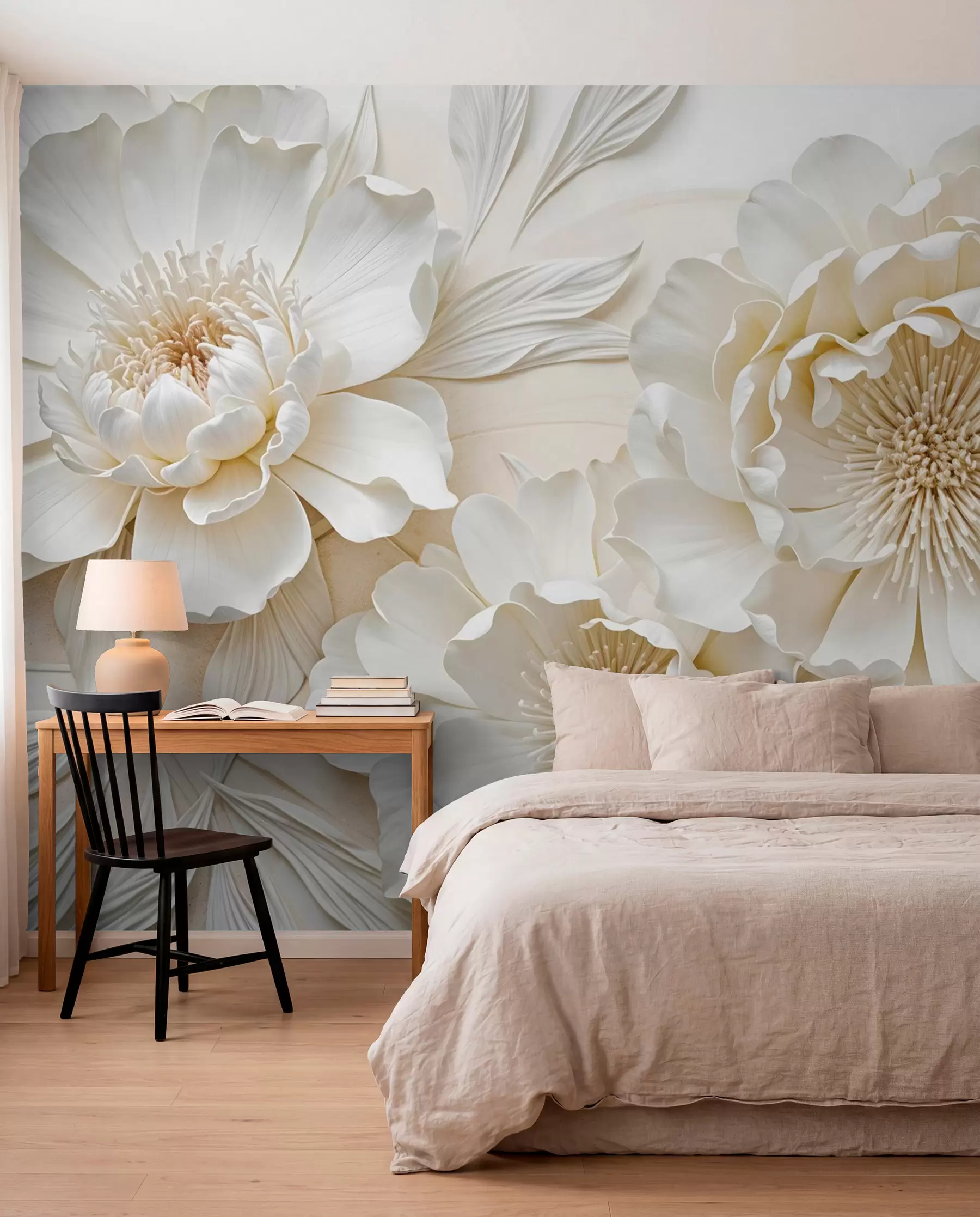 wall murals Elegant volumious imitation white peony flowers with soft petals and pastel yellow centers, against a light background w08431