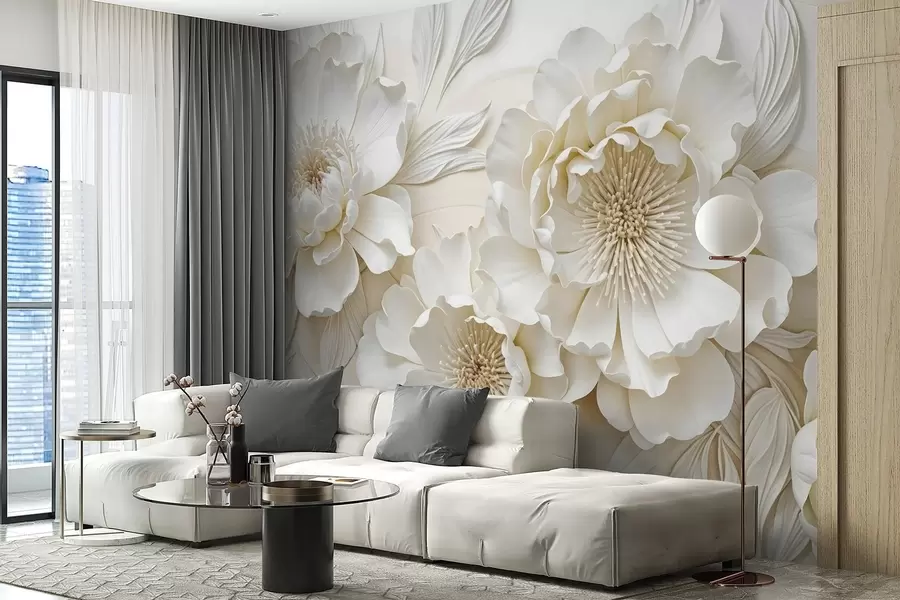 murales Elegantes y voluminosas flores de imitación de peonía blanca con suaves pétalos y centros amarillo pastel, sobre un fondo claro w08431