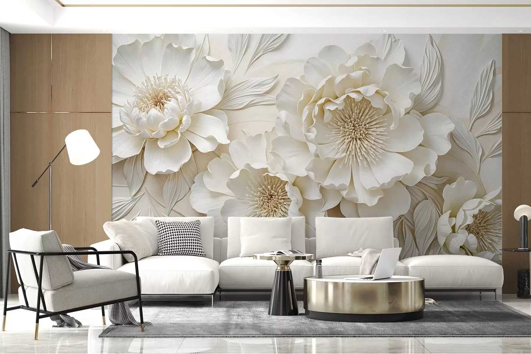 Wall Mural Photo Wallpaper Elegant volumious imitation white peony flowers with soft petals and pastel yellow centers, against a light background w08431