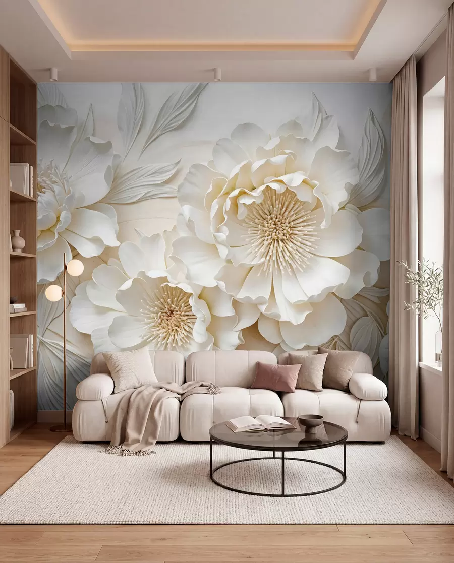 murales Elegantes y voluminosas flores de imitación de peonía blanca con suaves pétalos y centros amarillo pastel, sobre un fondo claro w08431