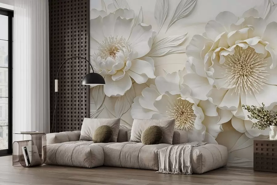 Wall Mural Photo Wallpaper Elegant volumious imitation white peony flowers with soft petals and pastel yellow centers, against a light background w08431