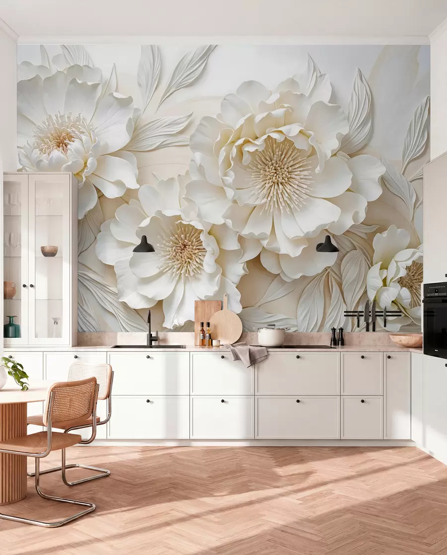 peintures murales Élégantes et volumineuses fleurs de pivoine imitant le blanc, avec des pétales doux et des centres jaune pastel, sur un fond clair w08431