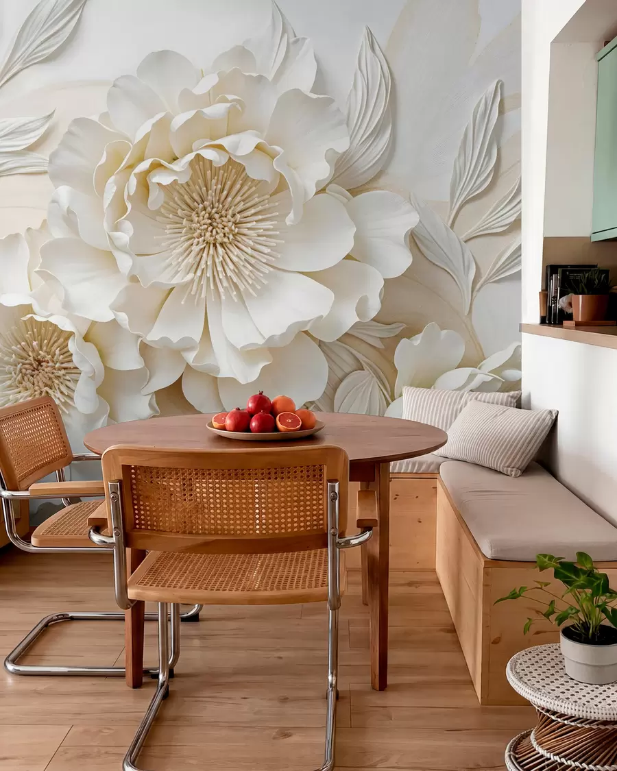 wall murals Elegant volumious imitation white peony flowers with soft petals and pastel yellow centers, against a light background w08431