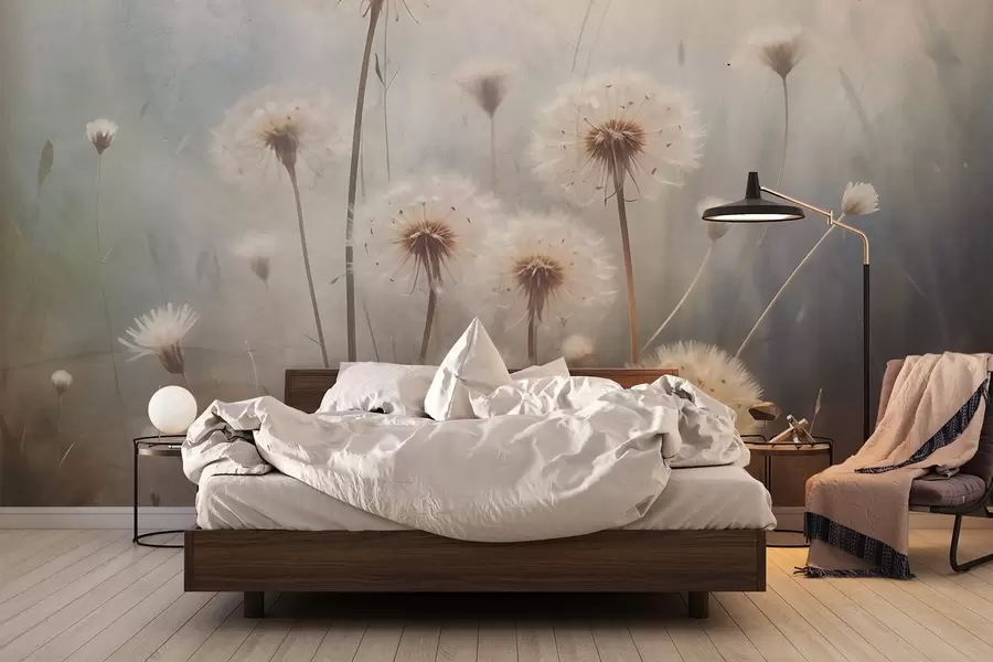 Wall Mural Photo Wallpaper Soft focus dandelion flowers in a field, with a blurred pastel colored textured background w08432