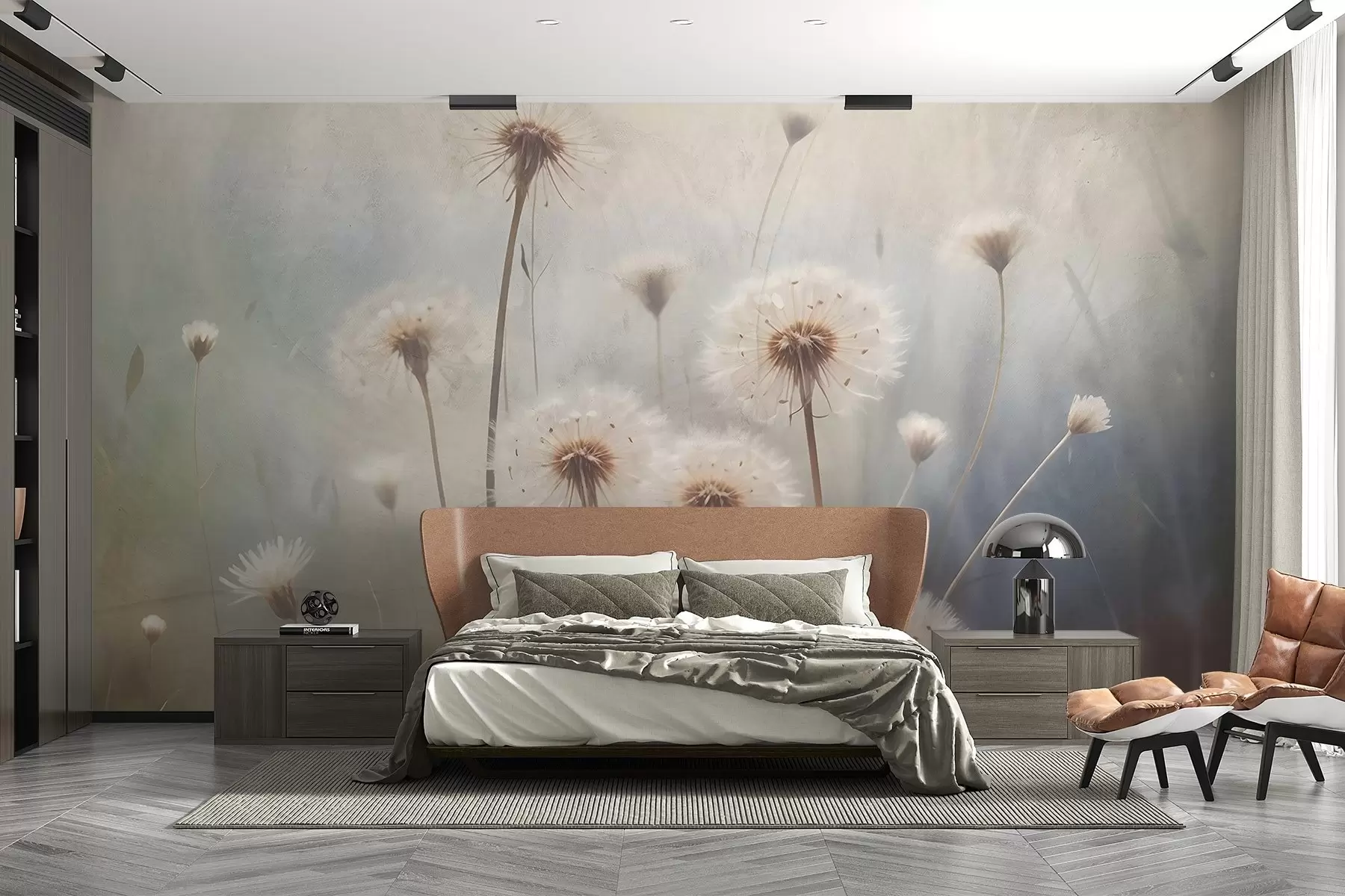 Wall Mural Photo Wallpaper Soft focus dandelion flowers in a field, with a blurred pastel colored textured background w08432