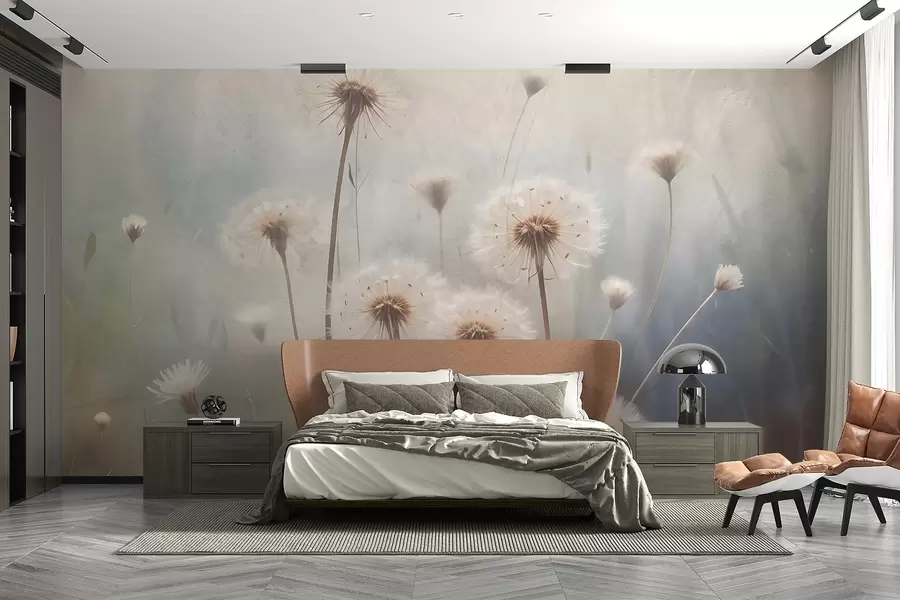 Wall Mural Photo Wallpaper Soft focus dandelion flowers in a field, with a blurred pastel colored textured background w08432