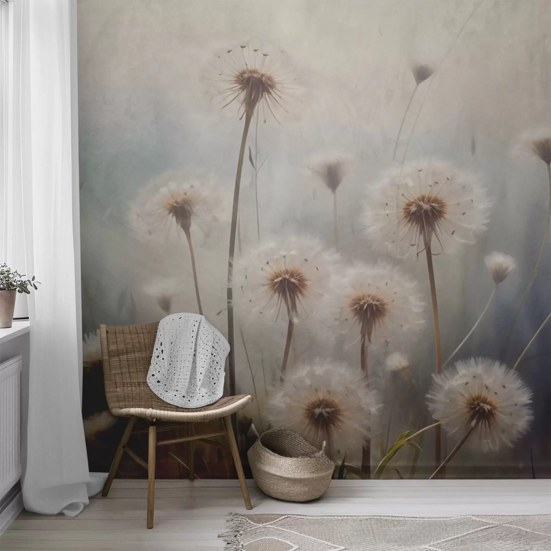 Wall Mural Photo Wallpaper Soft focus dandelion flowers in a field, with a blurred pastel colored textured background w08432