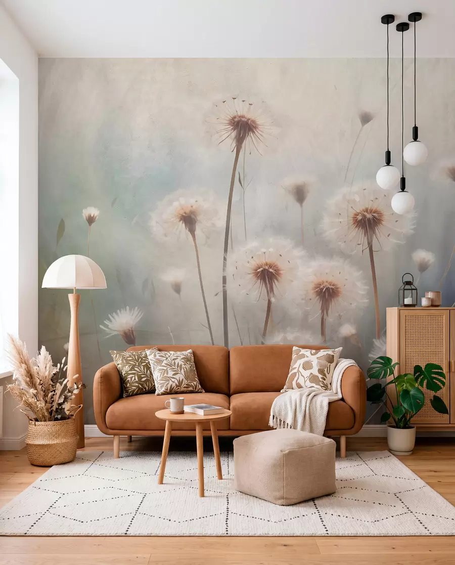 wall murals Soft focus dandelion flowers in a field, with a blurred pastel colored textured background w08432