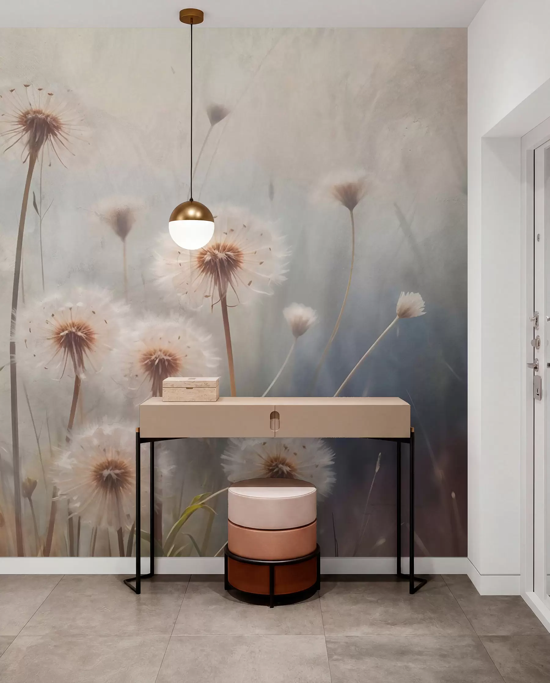 peintures murales Fleurs de pissenlit dans un champ, avec un arrière-plan texturé flou de couleur pastel w08432