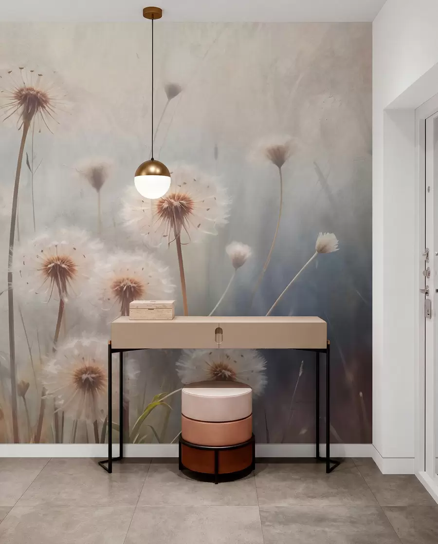peintures murales Fleurs de pissenlit dans un champ, avec un arrière-plan texturé flou de couleur pastel w08432