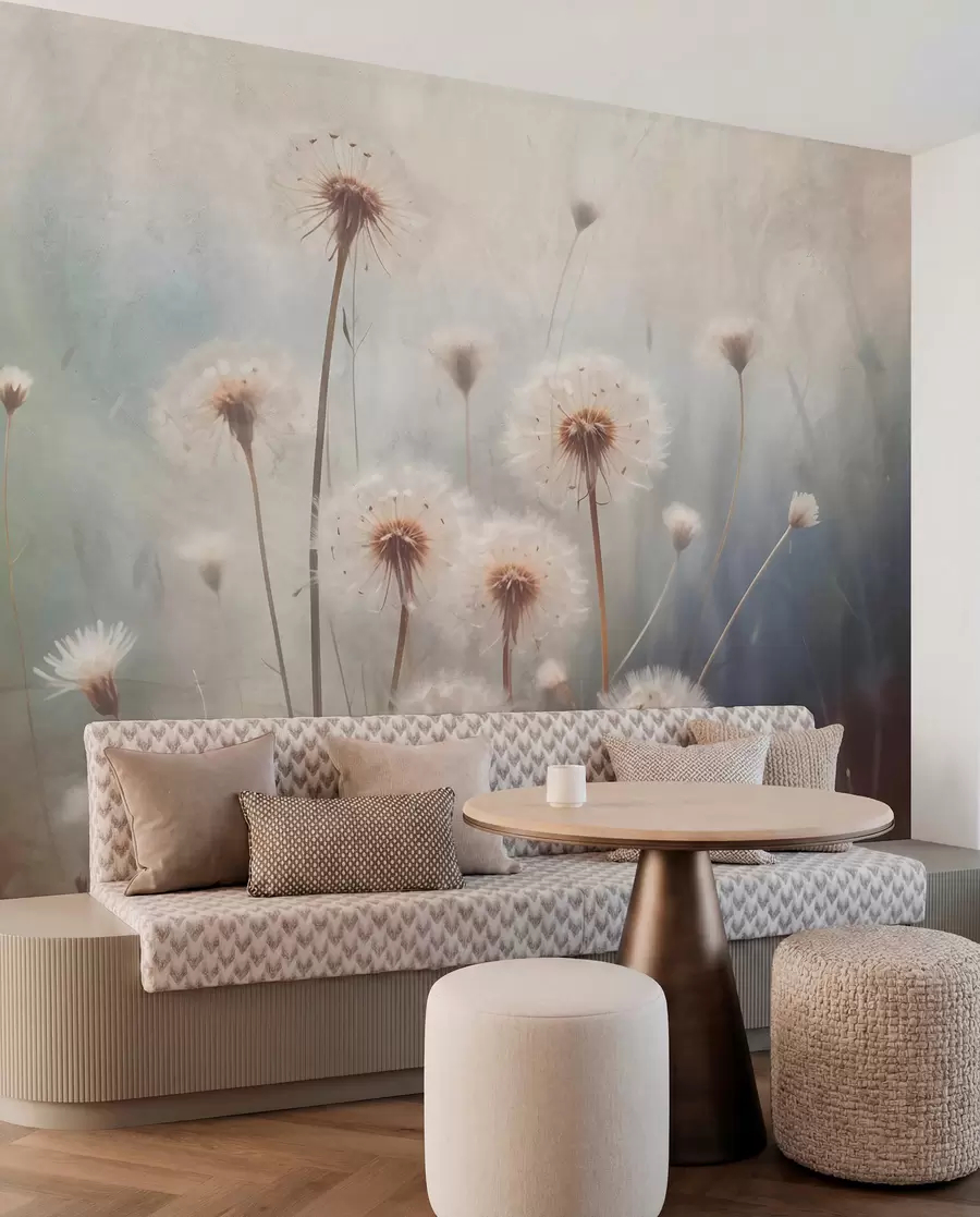 wall murals Soft focus dandelion flowers in a field, with a blurred pastel colored textured background w08432