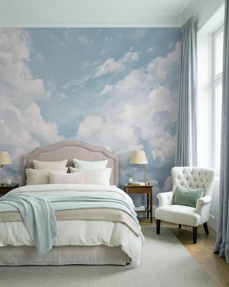 peintures murales Ciel bleu avec des coups de pinceau simulés à l'huile w02313
