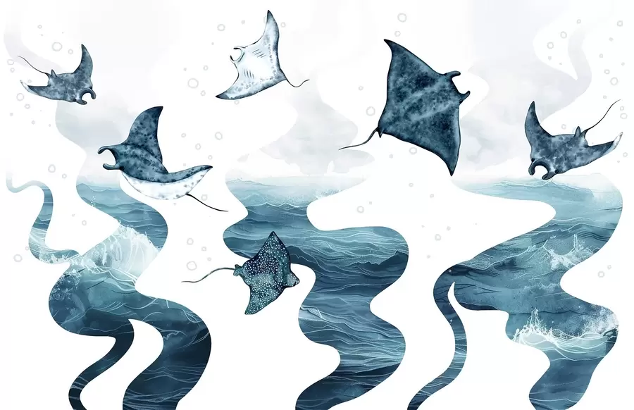 murales Pez manta raya, estilo acuarela, mar, océano, colores azules w02266