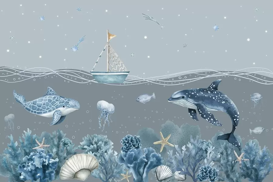 wall murals Sea life, watercolor style, corals, boat, dolphin, jellyfish, starry sky, soft blue colors w02310v3