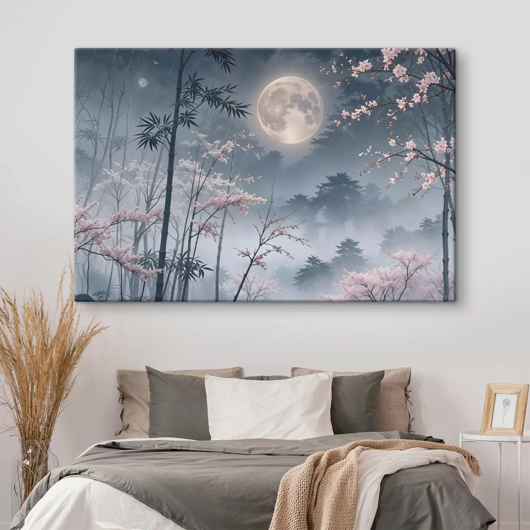 murales Una luna llena en un cielo nocturno, rodeada de siluetas de bambú y ramas de cerezo en flor s41717