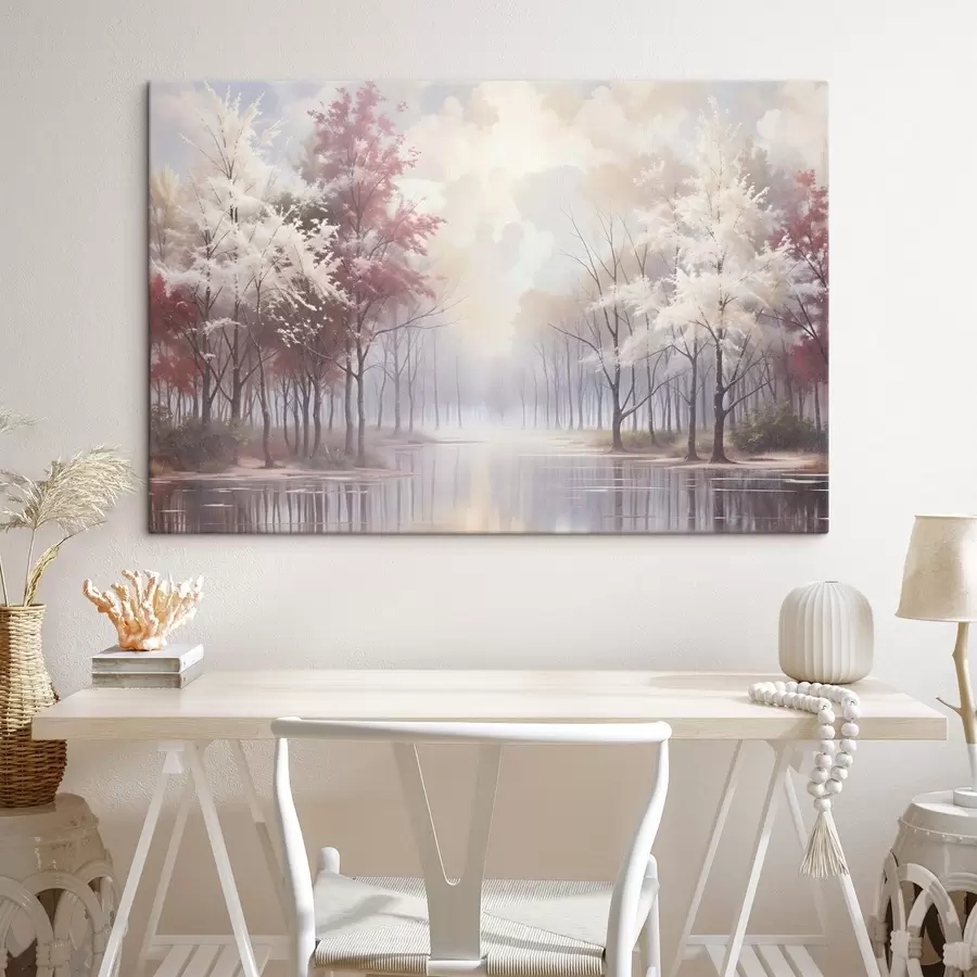 wall murals A serene landscape with a misty forest, bare trees, and a calm lake reflecting the soft pink and white tones  s41720