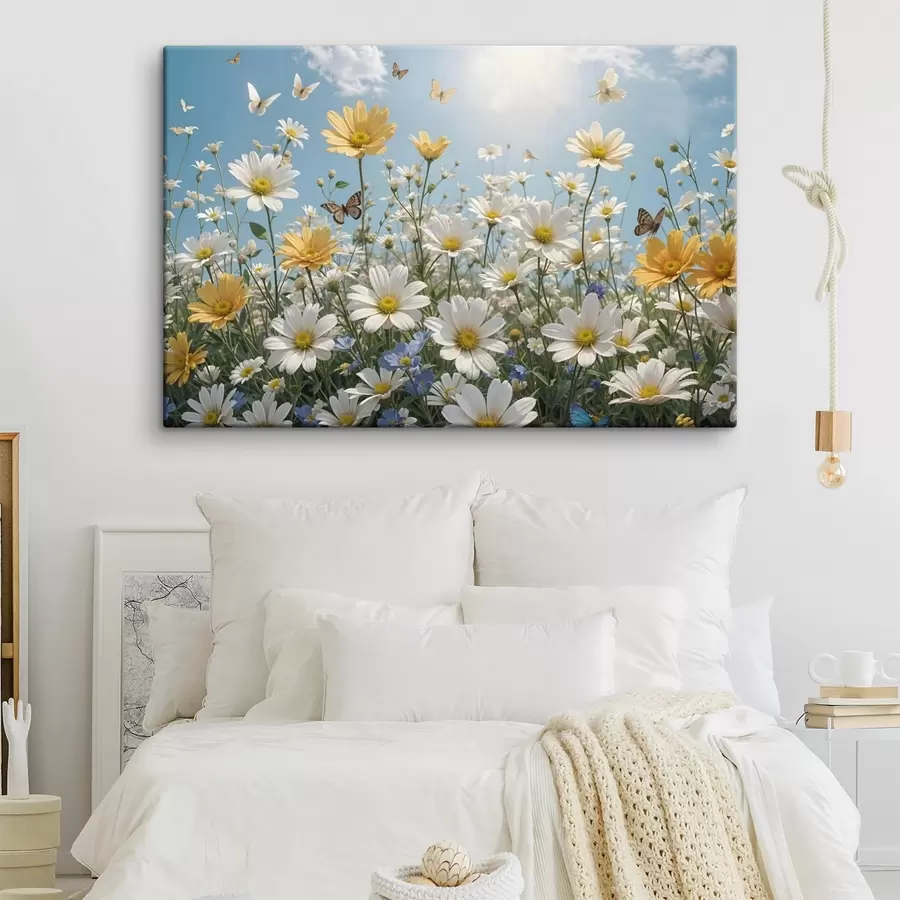murales Un campo de margaritas blancas y amarillas sobre un cielo azul con esponjosas nubes blancas y mariposas volando por encima s41726